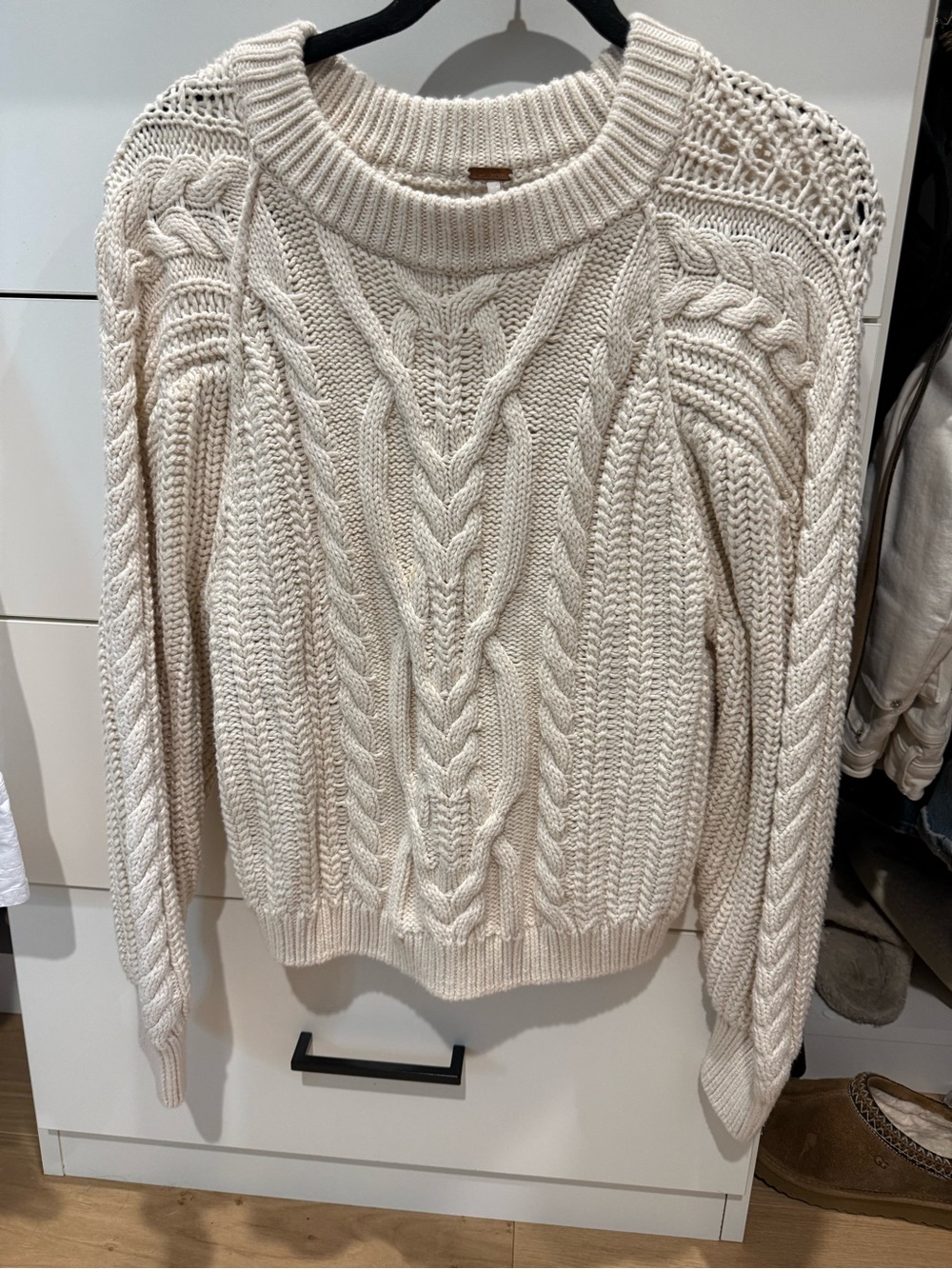 Free People Cream Cable Knit Crewneck Sweater